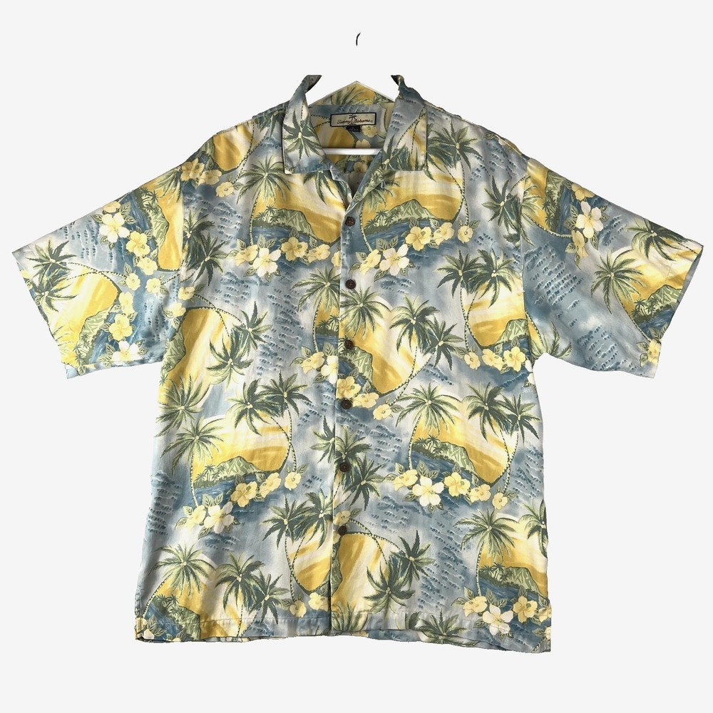 TOMMY BAHAMA Mens L Hawaiian Shirt Short Sleeve Button Up 100% Silk Beach Resort